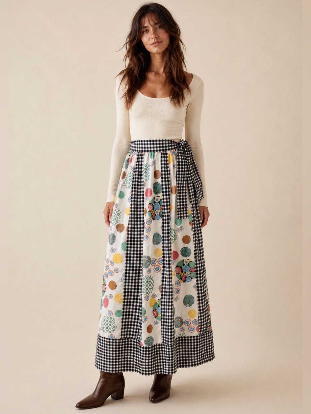 Handmade Patchwork Maxi Skirt XS-S Gingham Cottagecore 70s Boho
